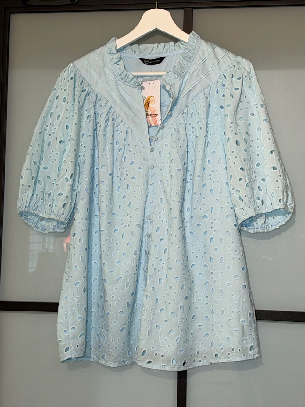 NWT PRETTYGARDEN Blue Cotton Eyelet Puff Sleeve Blouse L